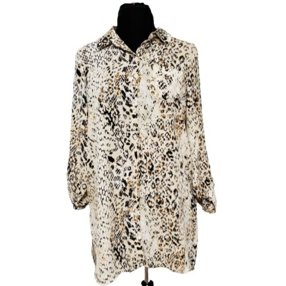Spense Long Sleeve Button Front Collared Animal Print Swing Tunic Dress Large
